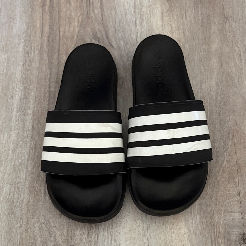 Adidas Black and White Striped Slides